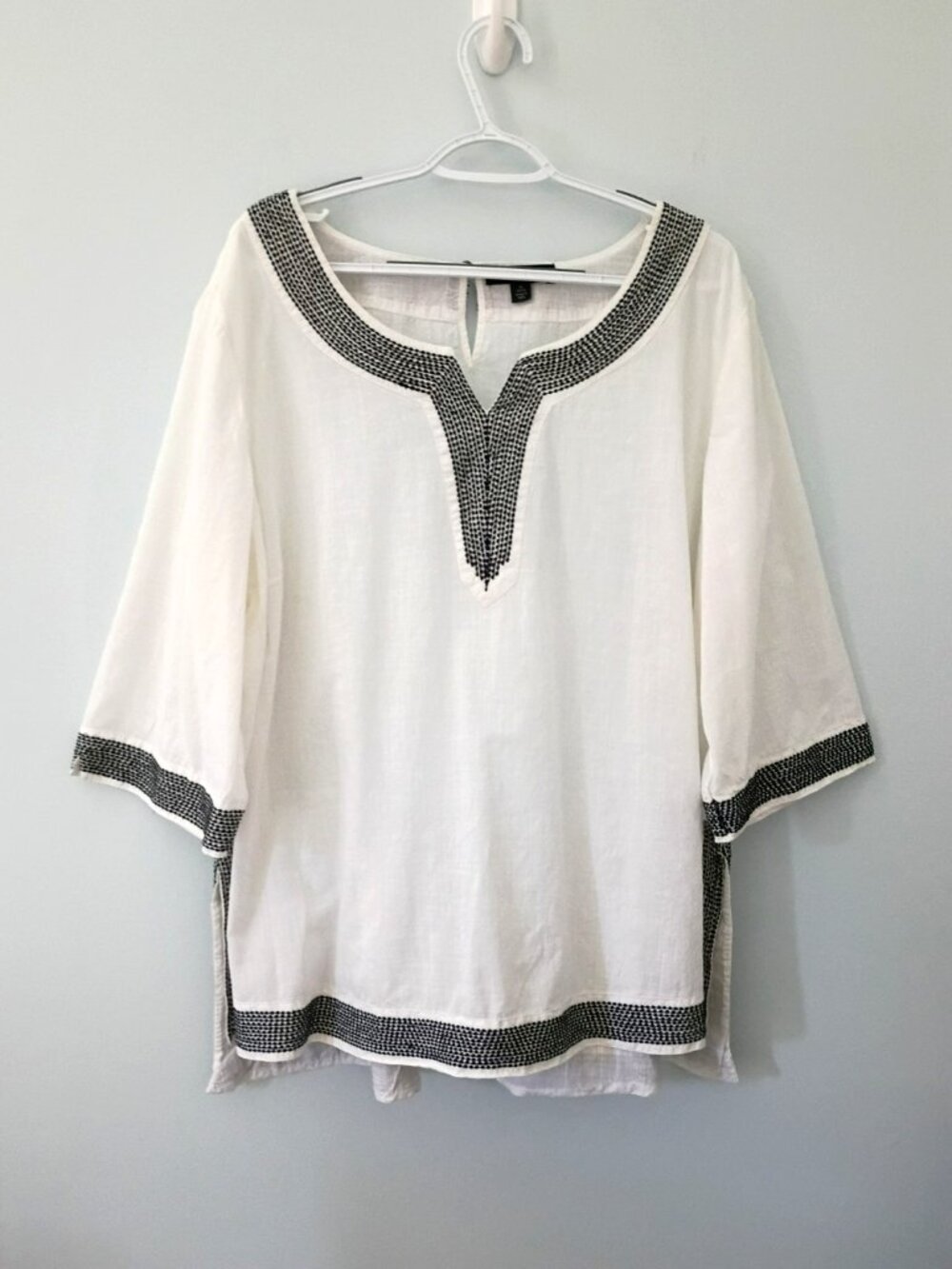 Ellos Tunic White Black Embroidered 3/4 Sleeves Cotton Relaxed Top - 22/24 (2X)